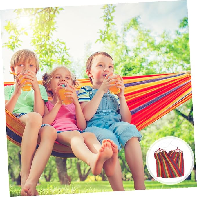 Rainbow Striped Single Traveling Hammock with Anti-tip Design, Canvas Cotton Outdoor Swing for Camping and Leisure, Red Wide Seat Portable Garden Hammock