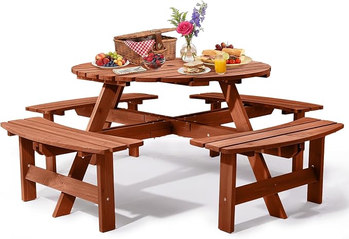 VINGLI 8-Person Wood Picnic Table Outdoor Round Picnic Table with Umbrella Hole and 4 Built-in Benches, Outdoor Dining Tables and Chairs 500 LBS Bench Capacity (Brown, Round)