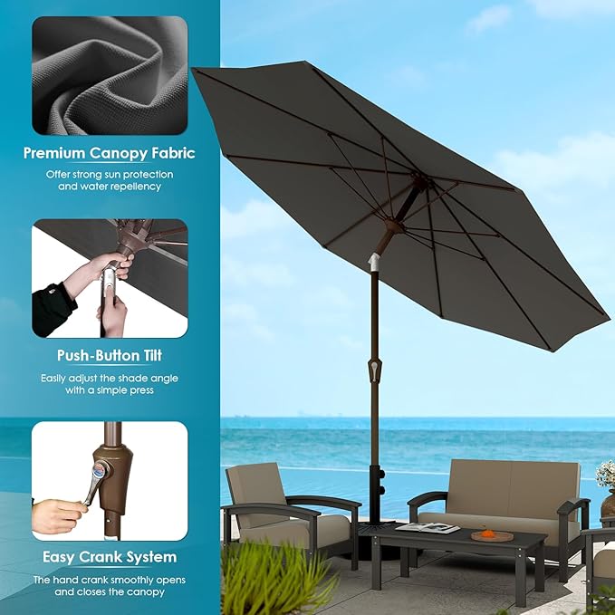GREENVINES 9-FT-Patio-Umbrella | Outdoor-Table-Umbrellas | 8 Sturdy Fiberglass Ribs | Push Button Tilt & Crank | Waterproof | Market Umbrella | for Pool Backyard Garden Deck | Charcoal Gray