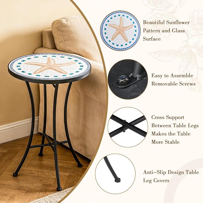 Vipush Mosaic Outdoor Side Table, 14" Round Folding Plant Stand for Patio Garden Backyard Balcony Porch Indoor Accent End Table for Living Room, Ceramic Tabletop with Black Iron, Starfish