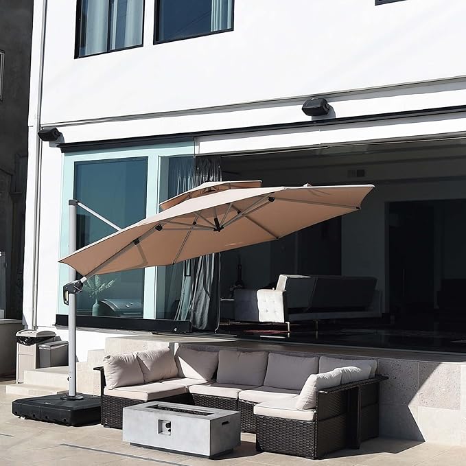 PURPLE LEAF 10 FT Cantilever Patio Umbrellas with Base Included, Large Round Offset Umbrella with 360° Rotation, Outdoor Aluminum Pool Umbrella for Pool Lawn Garden, Beige