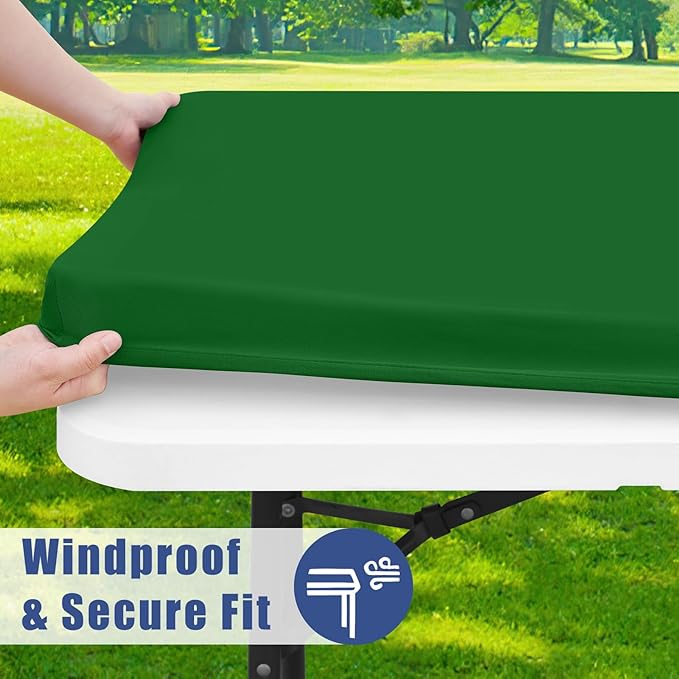 Moosfor Spandex 8 Foot Rectangle Table Cloth 2 Pack, Elastic Fitted Tablecloths for Picnic, Stretch Washable Patio Table Cover for Outdoor, Camping, Banquet and Parties (Emerald Green, 30"x96")