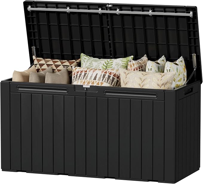 Devoko 100 Gallon Outdoor Storage Box, Waterproof Resin Deck Box for Patio Furniture, Lockable Container for Garden Cushions & Pool Supplies (Black, 100 Gallon)