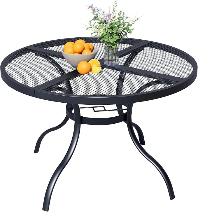 47" Round Patio Table with Umbrella Hole, Metal Outdoor Dining Table for Garden, Backyard and Deck, 6 Person Round Patio Dining Table for Outside, Black Mesh Table