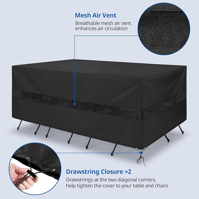 SunPatio Patio Furniture Covers Waterproof, Rectangular Table and Chairs Set Cover, Outdoor Furniture Set Cover with Drawstrings and Taped Seams, All Weather Protection, 90"W x 60"D x 30"H, Black