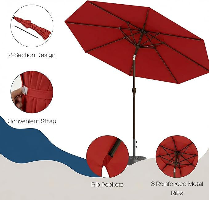 Outdoor Patio Umbrella, 2 Tiers Market Table Umbrella with 8 Sturdy Ribs, Push Button Tilt and Crank, UPF50+ UV Protection for Deck, Pool, Garden and Backyard