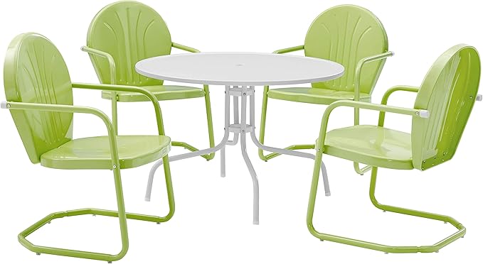 Crosley Furniture Griffith 5-Piece Outdoor Dining Set for 4, Retro Metal Round Patio Table and Chairs, White and Key Lime