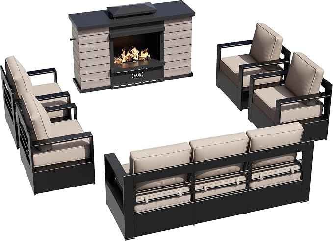 Outdoor Aluminum Furniture Set, 6-Piece Patio Conversation Set, 4 Chairs 1 Sofa and 1 Fireplace, All-Weather Metal Frame, 6" Thick Removable Cushions, Deep Setting for Garden, Poolside and Porch