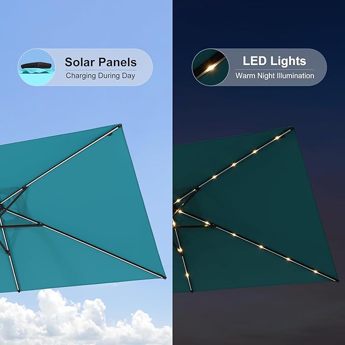PURPLE LEAF 5' x 8' Rectangular Patio Umbrella with Solar LED Outdoor Table Umbrella Aluminum Frame Market Umbrella Sun Umbrella for Garden Deck Lawn Pool Turquoise Blue