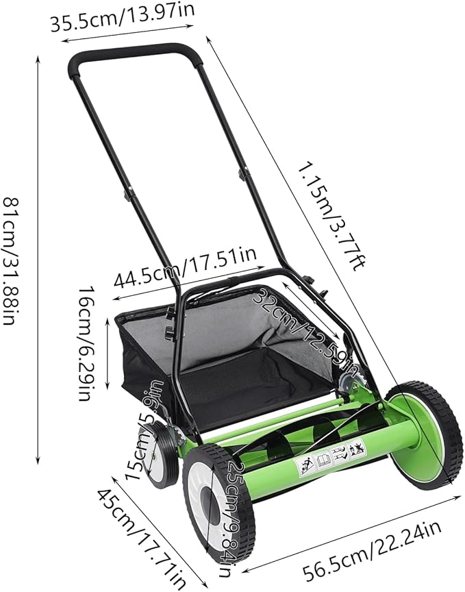 16-Inch 5-Blade Cordless Manual Reel Lawn Mower, Adjustable Cutting/Handle Height Grass Cutter with Grass Catcher, Green