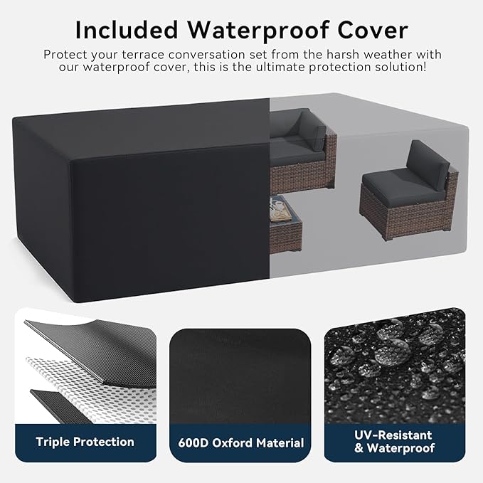 LazySunsets 7 Piece Outdoor Patio Furniture Set with Coffee Table, Outdoor Patio Furniture Sets with Waterproof Cover, Wicker Rattan Outdoor Conversation Set for Backyard & Garden, Grey