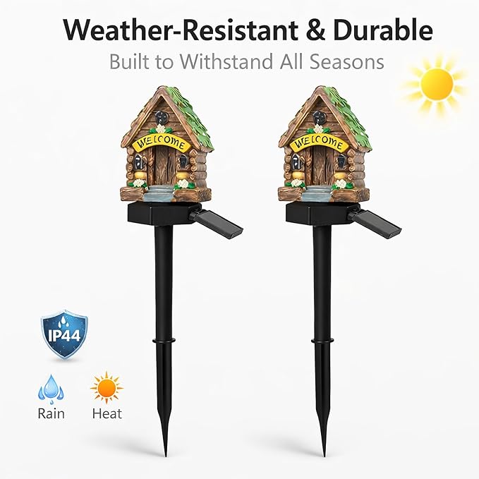 Solar Garden Lights Outdoor, 2 Pack Decorative Solar Fairy House Pathway Lights Waterproof, Resin Garden Lights for Yard Lawn Patio Decor