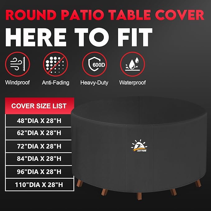 Zettum Round Patio Table Cover 84 Inch - 600D Outdoor Furniture Cover Round Waterproof & Heavy Duty, Lawn Furniture Set Covers Large for Outside Dining Table and Chairs Seating - 84 x 84 x 28 Inch