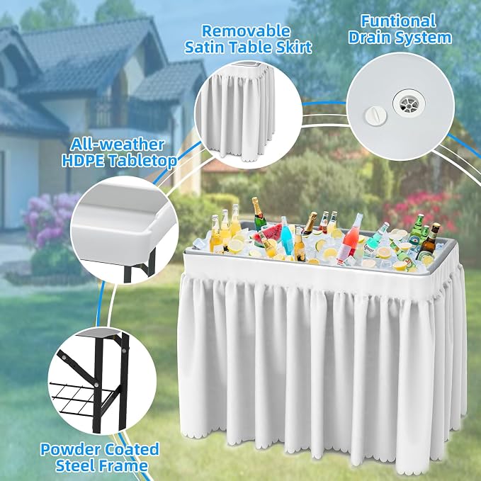 Folding Ice Cooler Table, Skirt &Drain Hose Plastic Chill Table to Keep Drinks Cool, Portable Foldable Self-Serving Beverage Cooling Bar for Parties, Picnics, Barbecues, Fishing(White
