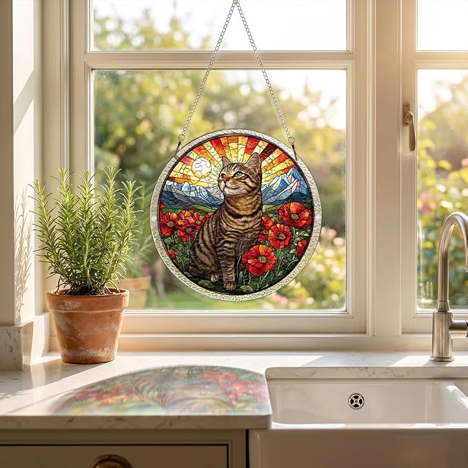 Acrylic Puzzle Suncatcher, Cat & Flower Stained Glass Window Hanging, Sun Catcher Puzzle Kit Home Garden Decor, Creative Mothers Day and Birthdays Gifts for Mom, Wife, Sisters, 7.87 inch
