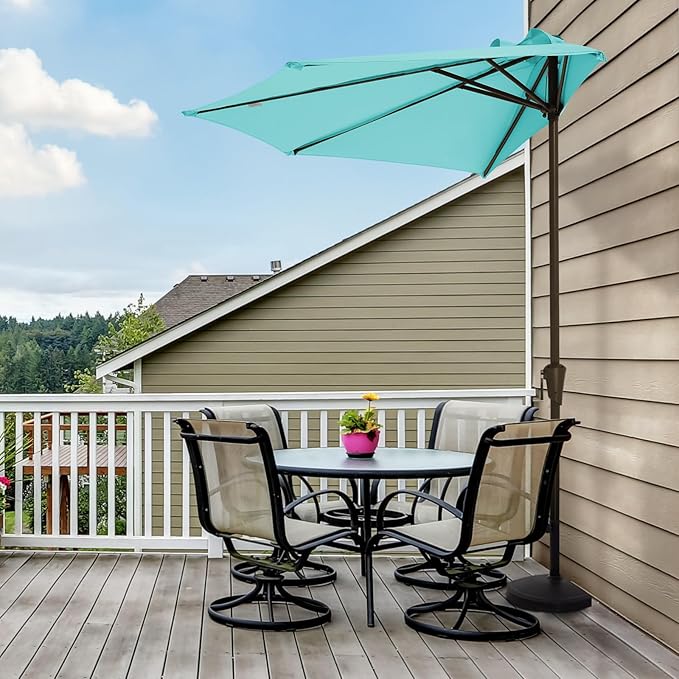 JEAREY 9ft Half Umbrella Outdoor Patio Umbrella Market Umbrellas with Crank, 1/2 Round Wall Umbrella 5 Sturdy Ribs UV Protection for Pool Garden Balcony Deck, Teal Blue