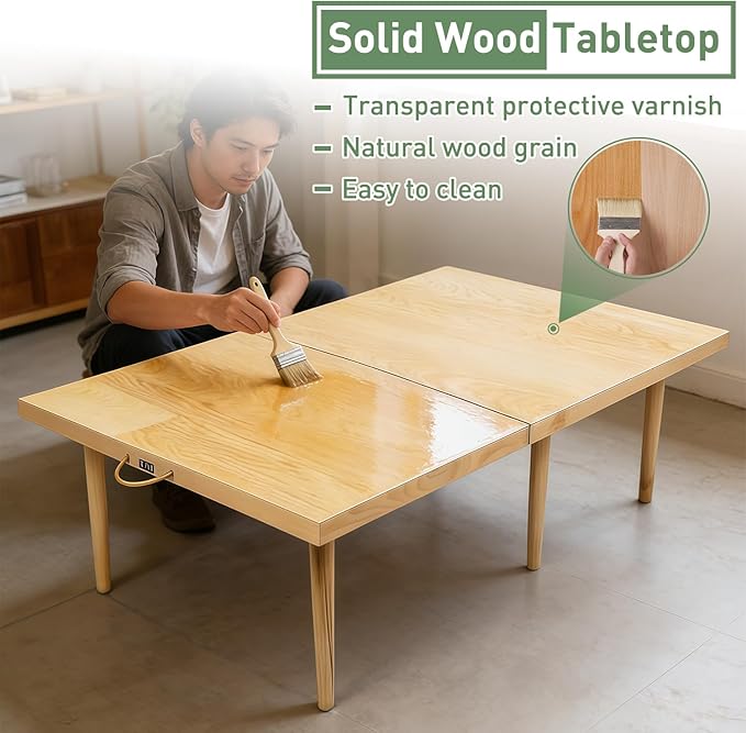 Folding Picnic Table with Table Runner, 60" x 30" Large Wooden Japanese Floor Table, Portable Boho Low Picnic Table, Adjustable Heights Legs, for Indoor Outdoor Camping, for 6-8 People
