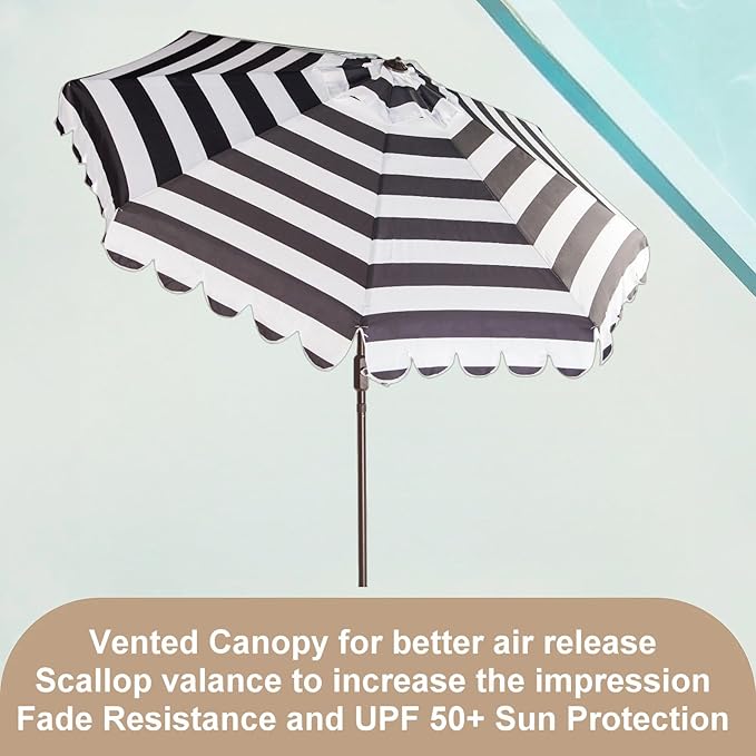 9ft Market Patio Umbrella Replacement Canopy, UV Protective, Fade Resistant, Vented Design for Outdoor Use (Black White Stripe)