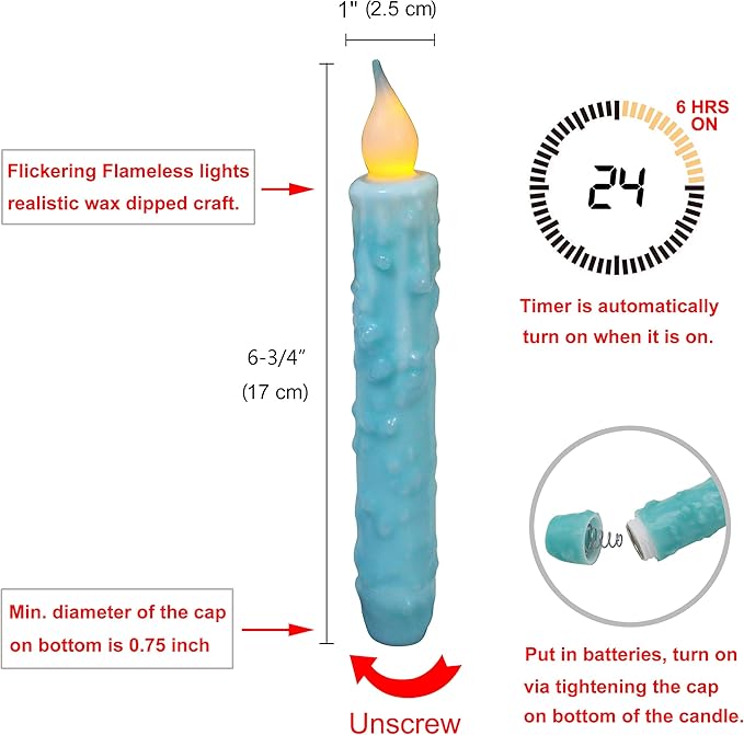 CVHOMEDECO. Real Wax Hand Dipped Battery Operated LED Timer Taper Candles Rustic Primitive Flameless Lights Decor, 6-3/4 Inch, Teal, 2 PCS in a Package