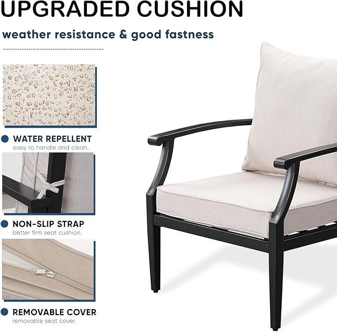 4 Piece Outdoor Patio Furniture Set, Oversized Metal Conversation Set with High Back & Deep Seating, Water-Repellent Cushions, Coffee Table for Porch, Deck, Backyard, Beige