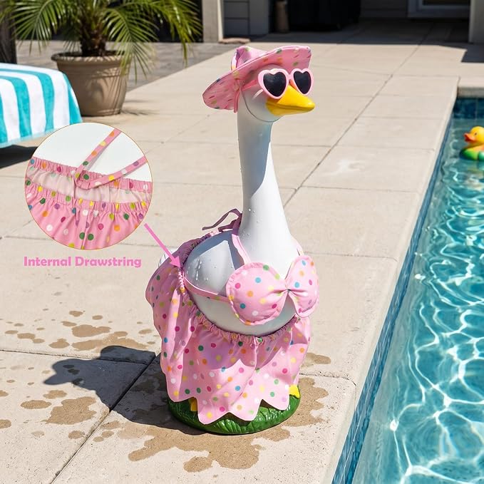 Porch Goose Statue with Outfits - 20" Large Porch Goose Statues Wear Pink Summer Bikini, Resin Animal Sculpture, Indoor or Outdoor Decor Figurine for Garden,Lawn,Pool,Entryway Accent,Housewarming Gift