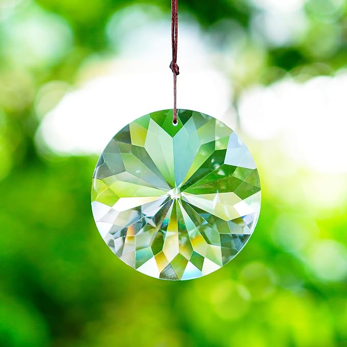 YU FENG Bauhinia Hanging Faceted Crystals Large Window Prisms Suncatcher | 3inch Round Crystal Ornament, Window Hanging Decor, Chandelier Pendant, Clear Sun Catcher Decoration