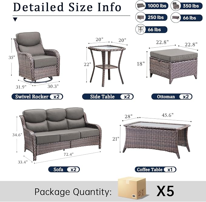 Luxury 6" Thick Cushion 9 Pieces Wicker Patio Furniture Set with High Back Swivel Rocker Chairs, Outdoor Conversation Set with Patio Couch for Deck Porch Yard and Poolside