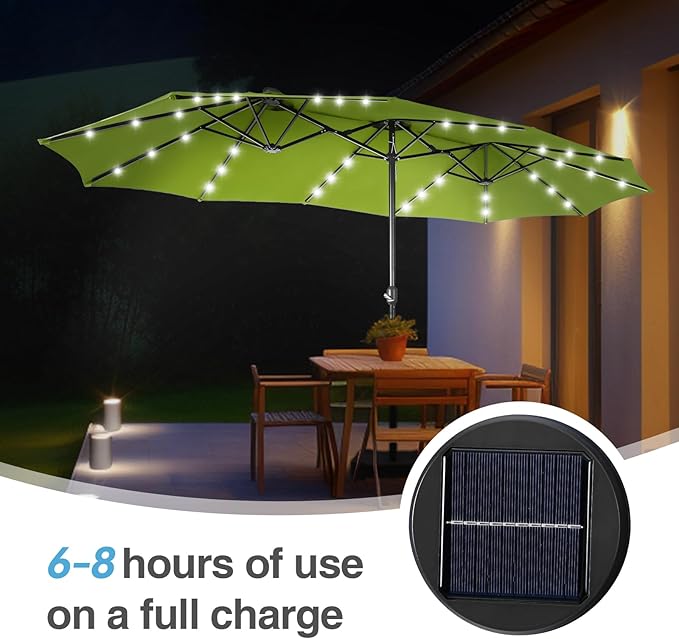 GREEN PARTY 15 ft Large Outdoor Patio Umbrella with Solar Led Lights & Base Included, Double-Sided Rectangular Table Umbrella with Stand, Market Umbrellas for Deck Poolside Garden Backyard, Lime Green