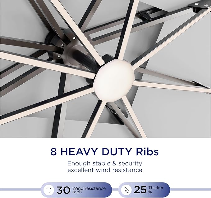 10' X 13' Patio Umbrella with Weighted Base and LED Lights Outdoor Cantilever Large Rectangle Offset Umbrellas Heavy Duty Aluminum Double Top with 360-degree Rotation for Pool Garden Deck, Fog Grey