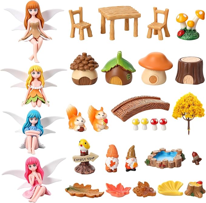Fairy Garden Accessories 30Pcs Mini Fall Resin Figurines | Miniature Garden, Tiny Autumn Landscape Decor, Rich Variety, Gnomes Animal Plant Furniture, DIY Terrarium Potted Dollhouse