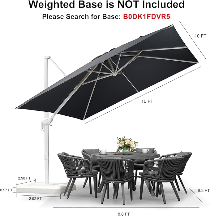 PURPLE LEAF 10 FT Patio Umbrella White Cantilever Umbrella Aluminum Square Outdoor Offset Umbrella Hanging Windproof with 360° Rotation for Garden Deck Pool, Light Grey
