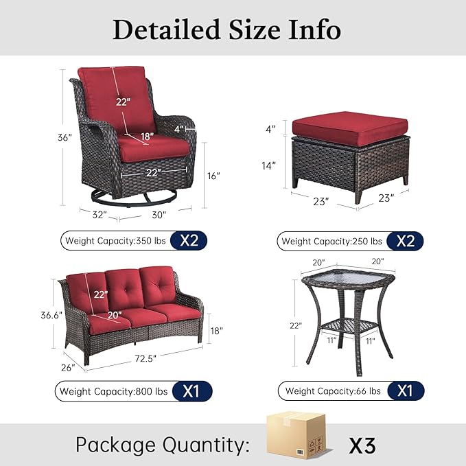 6 Piece Patio Furniture Set with Ottoman - All Weather Patio Conversation Set with 4 Inch Thick Cushions and Deep Seating Swivel Glider Chairs & Outdoor Couch for Porch Deck Yard Pool