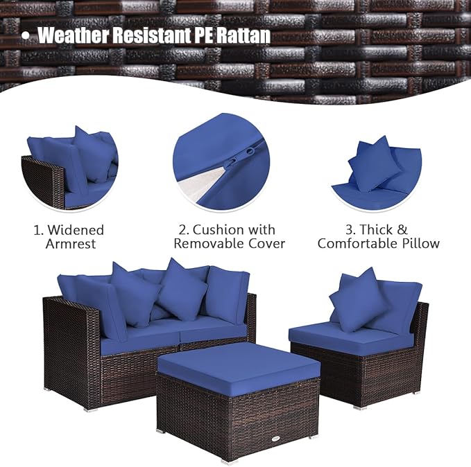 HAPPYGRILL 4 Pieces Patio Conversation Set Outdoor Wicker Sofa Set, Modern Sectional Couch Set with Washable Cushions & Pillows, All Weather PE Rattan Patio Furniture Set
