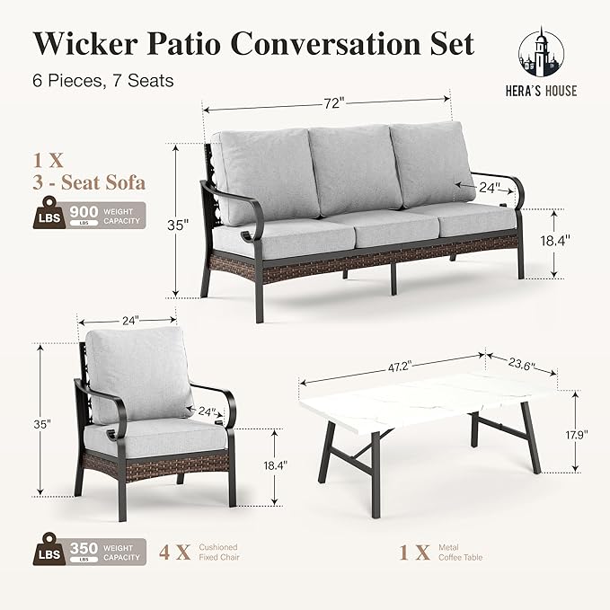 HERA'S HOUSE 6 Piece Metal Patio Furniture Set, All Weather Outdoor Conversation Set with 3-Seat Sofa, 4 Fixed Chairs & Coffee Table, 7 Seats for Backyard, Garden, Deck, Light Grey