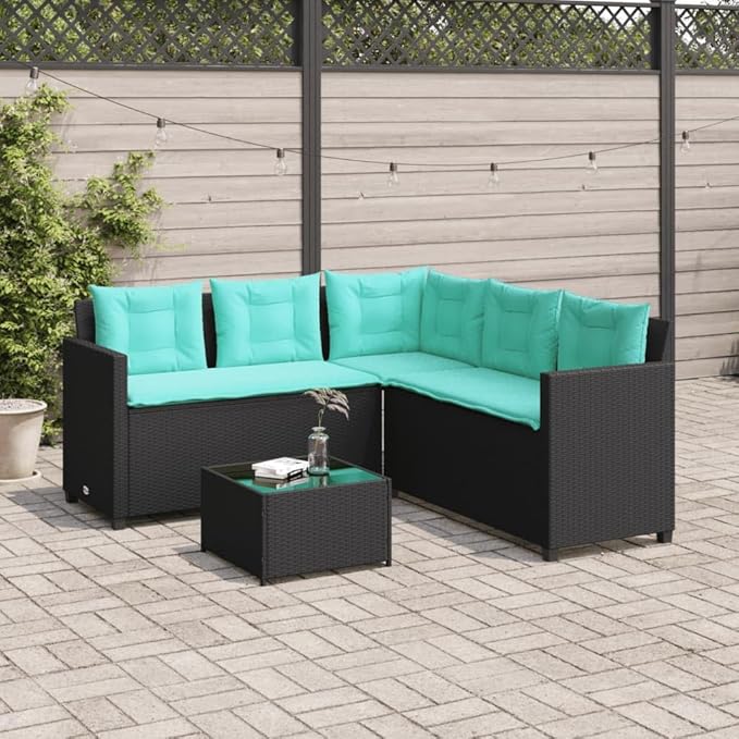 Patio Sofa with Table and Cushions, Patio Conversation Set Bistro Set Outdoor Dining Sets Front Porch Furniture for Negotiation Area Garden Poolside Exhibition L-Shaped Black Poly Rattan