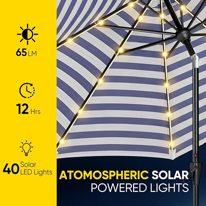 Tempera Solar Patio Umbrella 40 LED Lighted Outdoor Umbrella Table Market Umbrella with Push Button Tilt and Crank, Solar Umbrella with Sturdy Pole&Fade Resistant Canopy, Easy to Set
