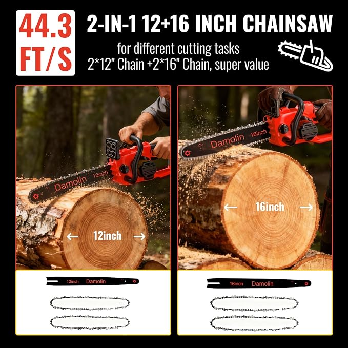 2-IN-1 Brushless Electric Chainsaw Cordless Compatible with Milwaukee M18 Battery, 12-Inch/16-Inch Battery Powered Chainsaw with Auto Oiler, 2x 12''+16'' Chains for Tree/Wood Cutting Pruning-ONLY TOOL