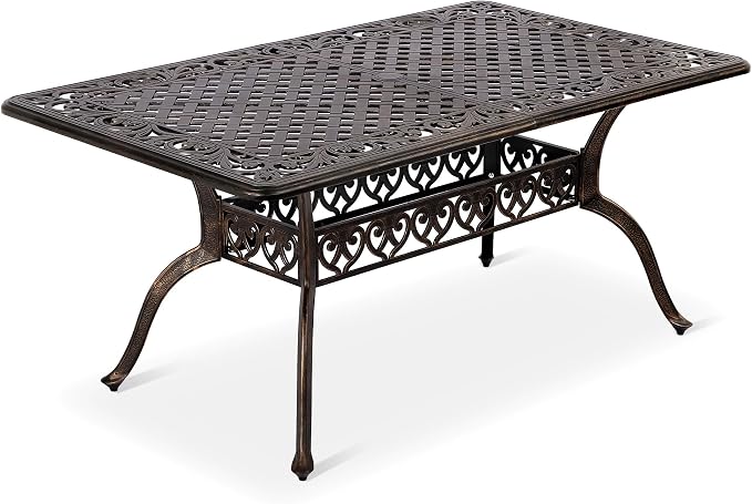 Grepatio Cast Aluminum Patio Dining Table Outdoor Large Rectangular Table, Metal Weather-Resistant Big Table with 2" Umbrella Hole for People Party Lawn Backyard Garden, Bronze, 59.06“x35.24"x28.35"