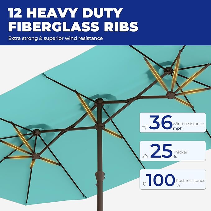 BRIOPAWS 15-FT-Large-Patio-Umbrella-with-Base | Double-Sided | Outdoor Table Umbrellas | w/Crank Handle | 12 Sturdy Fiberglass Rib | UV-Protection | for Garden Deck Backyard Pool | Peacock Blue