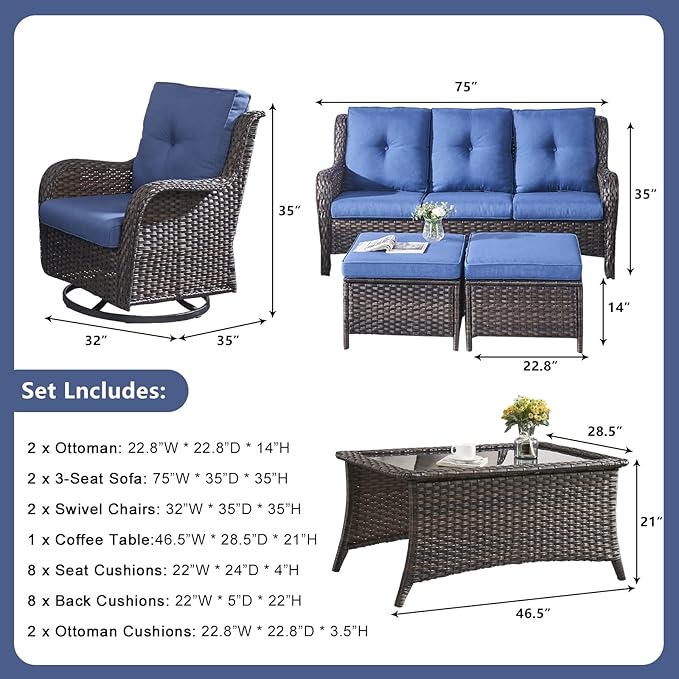 Rilyson Wicker Patio Furniture Set - 7 Piece Rattan Outdoor Sectional Conversation Sets with 2 Rocking Swivel Chairs,2 Ottomans,2 Sofa and 1 Coffee Table for Porch Deck Garden(Brown/Blue)