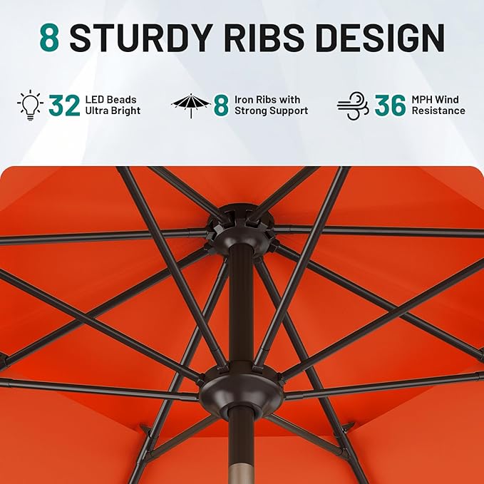 AreShark 9ft 2 Tiers Patio Umbrella with Solar Lights, Outdoor Umbrella w/ 32 LED Lights&8 Sturdy Ribs, Table Umbrella for Deck, Backyard, Pool(Orange)