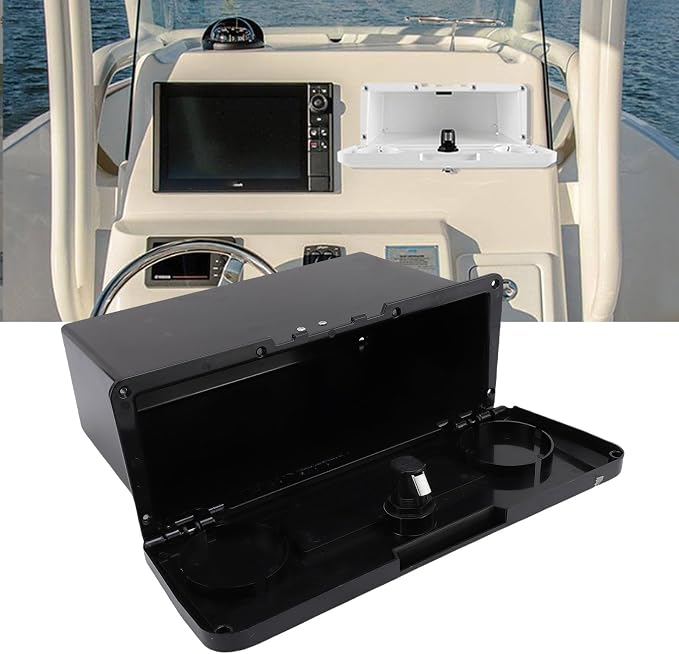Aramox Marine Deck Storage Box, ABS Lockable Glove Box, Multifunctional Compartment with Dual Cup Holder for Boats and Yachts (Black)