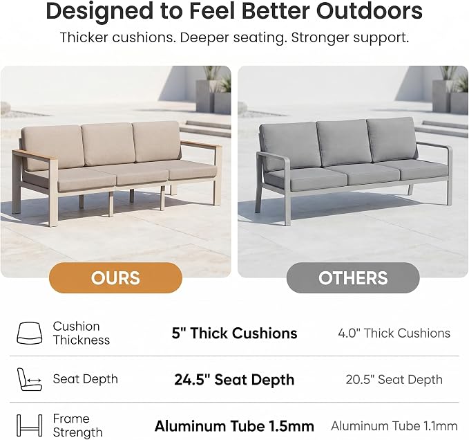 Outdoor Patio Sofa, 3-Seat Aluminum Outdoor Couch with 5-Inch Water-Resistant Cushions, Powder-Coated Frame for Porch, Deck, Backyard, Garden, Poolside, Beige