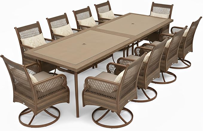 PURPLE LEAF Outdoor Dining Set for 10 All Weather Wicker Patio Dining Set with Hand-Woven Rattan Swivel Dining Chais and Rectangular Aluminum Table for Garden Deck Backyard Kitchen
