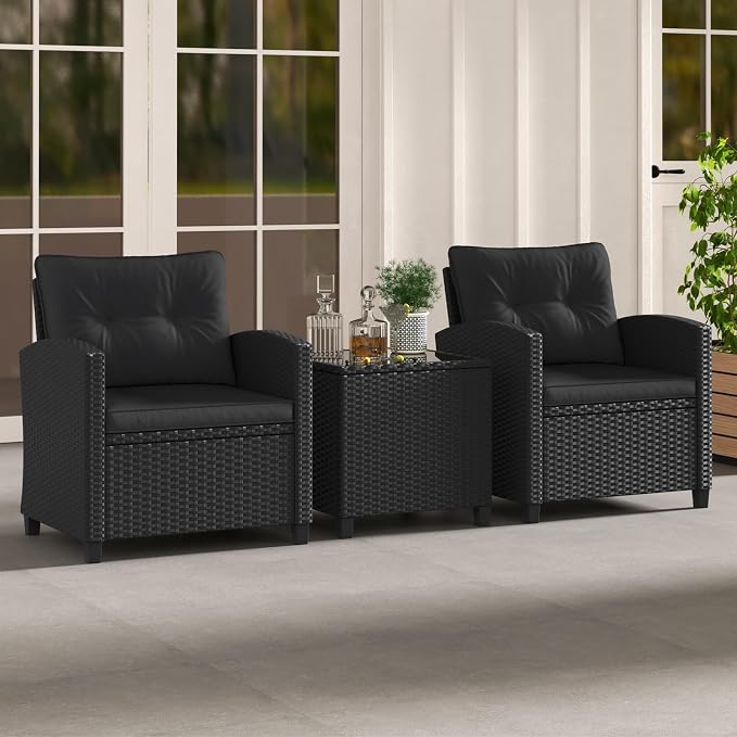 HAPPYGRILL 3 Pieces Wicker Patio Conversation Set, PE Rattan Bistro Sofa Set with Tempered Glass Coffee Table, Washable Cushions, Outdoor Furniture Set for Garden Poolside Balcony (Black)