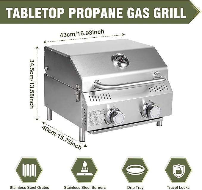 All-in-One Outdoor Grill Table with Built-in 2-Burner Propane Grill – Portable Stainless Steel Cooking Station with Storage, Hooks & Lockable Wheels for Camping, Tailgating, Backyard BBQ