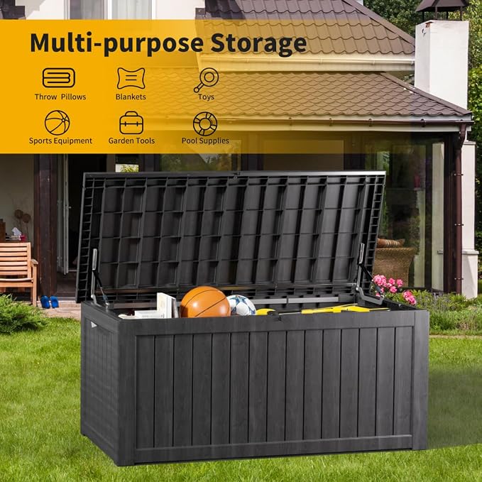 MONDAWE 230 Gallon Resin Deck Box Waterproof Outdoor Storage Box Lockable Patio Storage Container Bench Seating for Cushions Garden Tools Pool