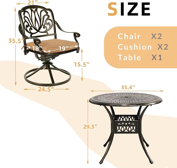 3-Piece Outdoor Patio Dining Set, All-Weather Cast Aluminum Patio Furniture Set for Backyard Garden Deck with 2 Swivel Cushioned Chairs and 35.4” Round Table, 2" Umbrella Hole, Khaki