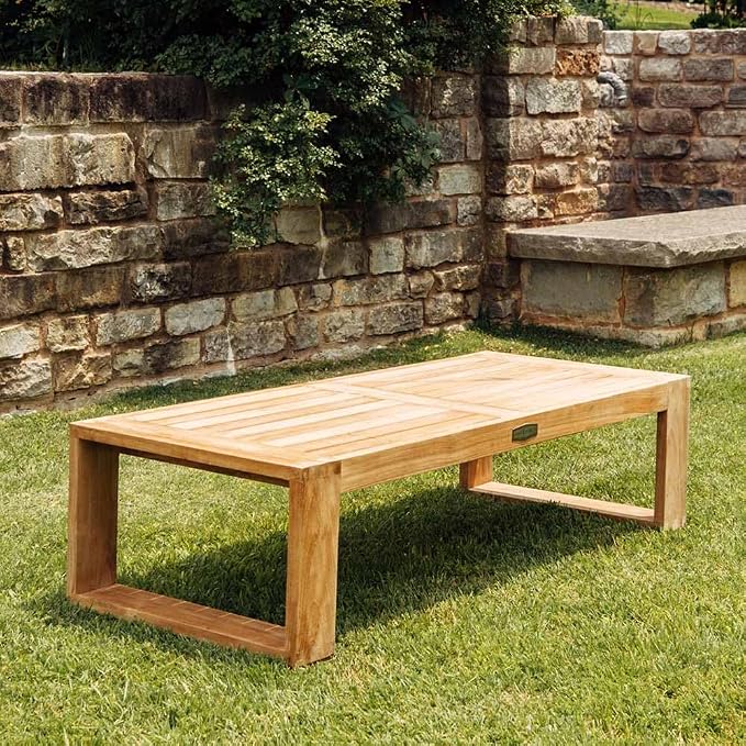 TITAN GREAT OUTDOORS Ash & Ember Sierra Grade A Teak Coffee Table, 16" Tall Outdoor Hand-Sanded Accent Table, 59.75"x24" Slated Tabletop, Reinforced with Finger Joints & Solid Brass Hardware