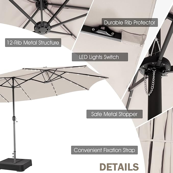 Giantex 15 FT Double Patio Umbrellas with 48 Solar LED Lights, Auto-Charging Panel, Crank System, Outdoor Extra-Large Rectangle Market Table Umbrella for Garden Deck Backyard Beach Pool